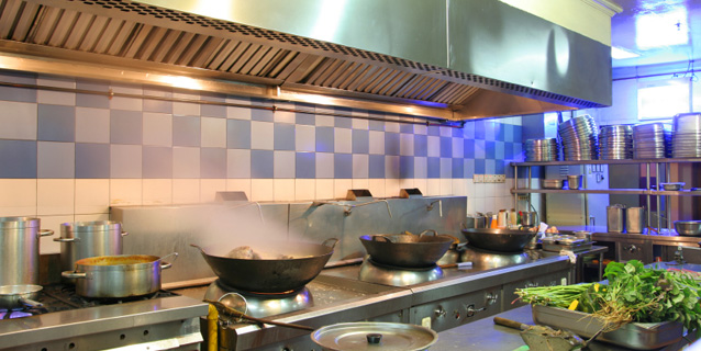 Ventilation ductwork above a commercial kitchen